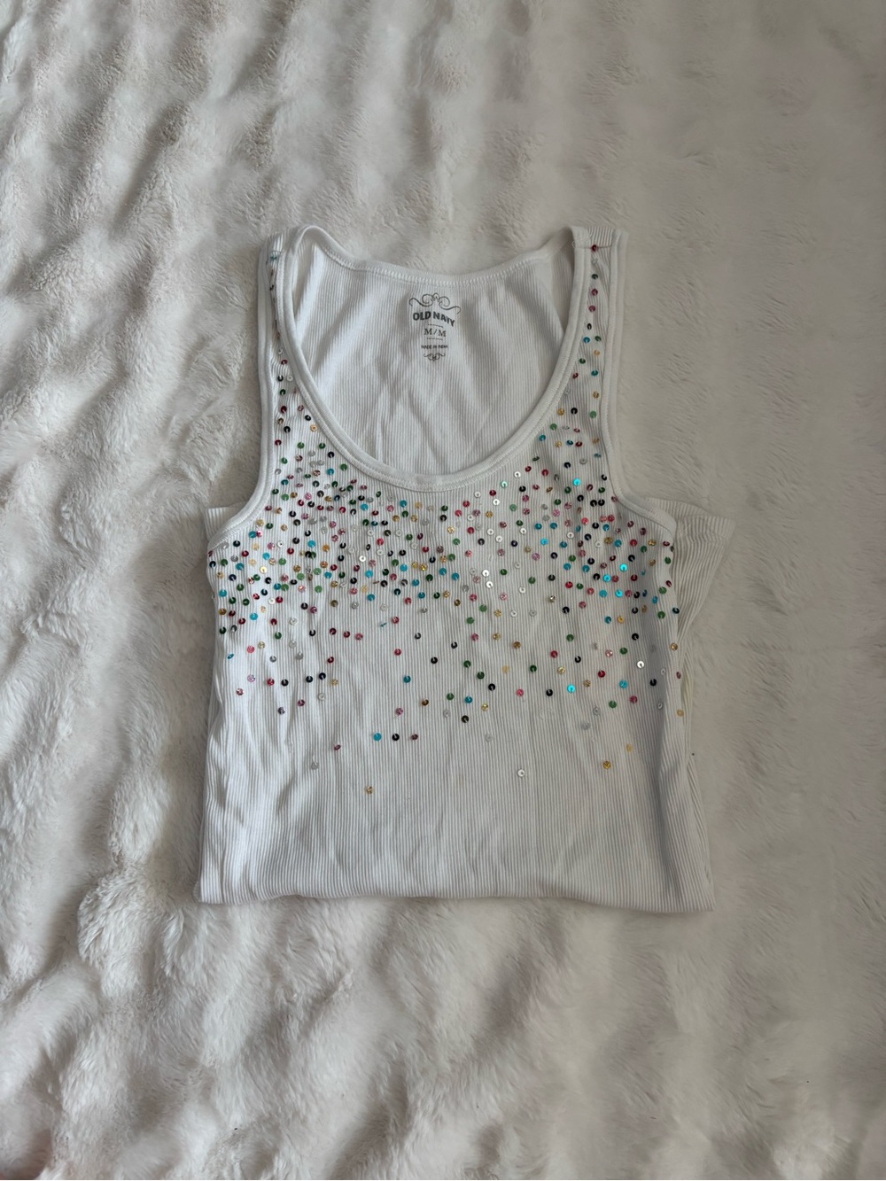Old Navy White Ribbed Tank Top with Multicolor Sequin Dots